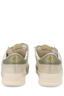 Beige suede golden goose women’s stardan sneaker showing back with gold basketball logo patch on heel