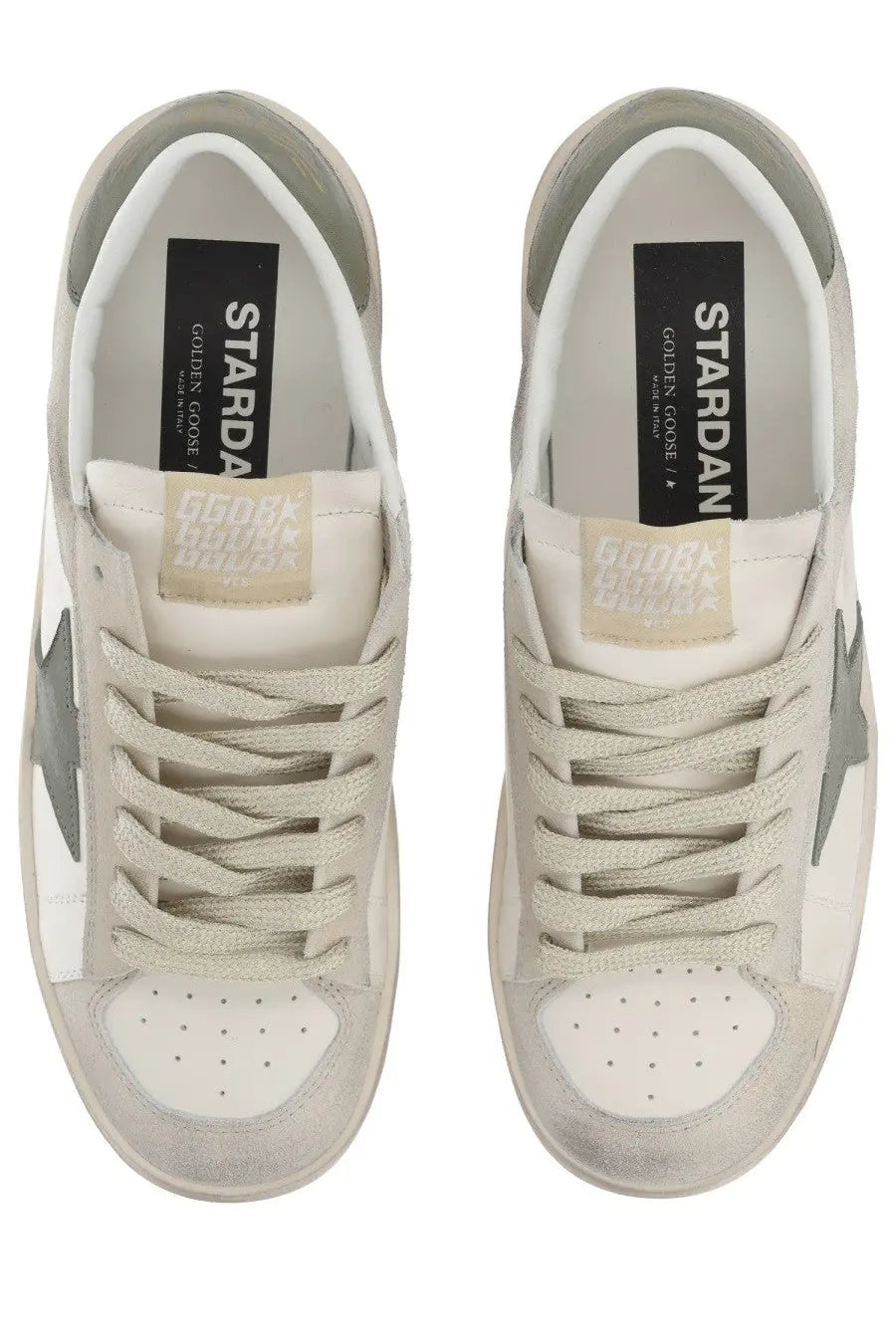 Golden goose women’s stardan sneaker beige with white and gray suede, metallic star logo, perforated toe caps, and matching laces