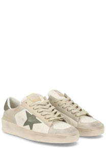 Golden goose women’s stardan sneaker beige with beige and white distressed suede and olive green star side detail
