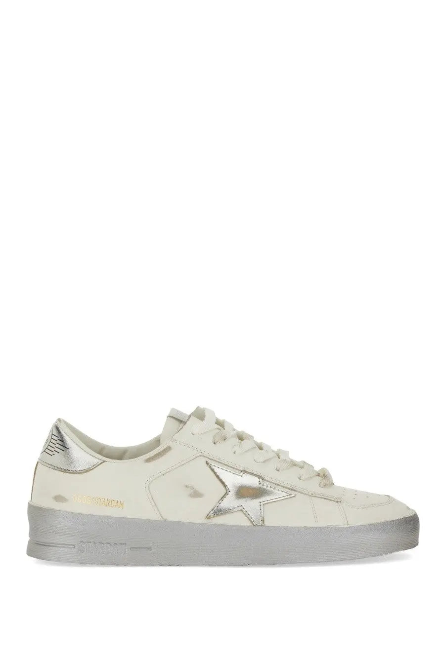 Cream-colored leather golden goose womens stardan sneaker with metallic silver star and gold logo details