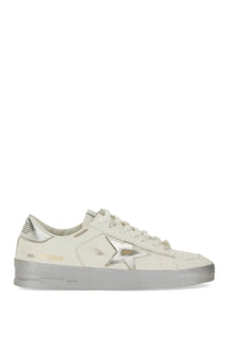 Cream-colored leather golden goose womens stardan sneaker with metallic silver star and gold logo details