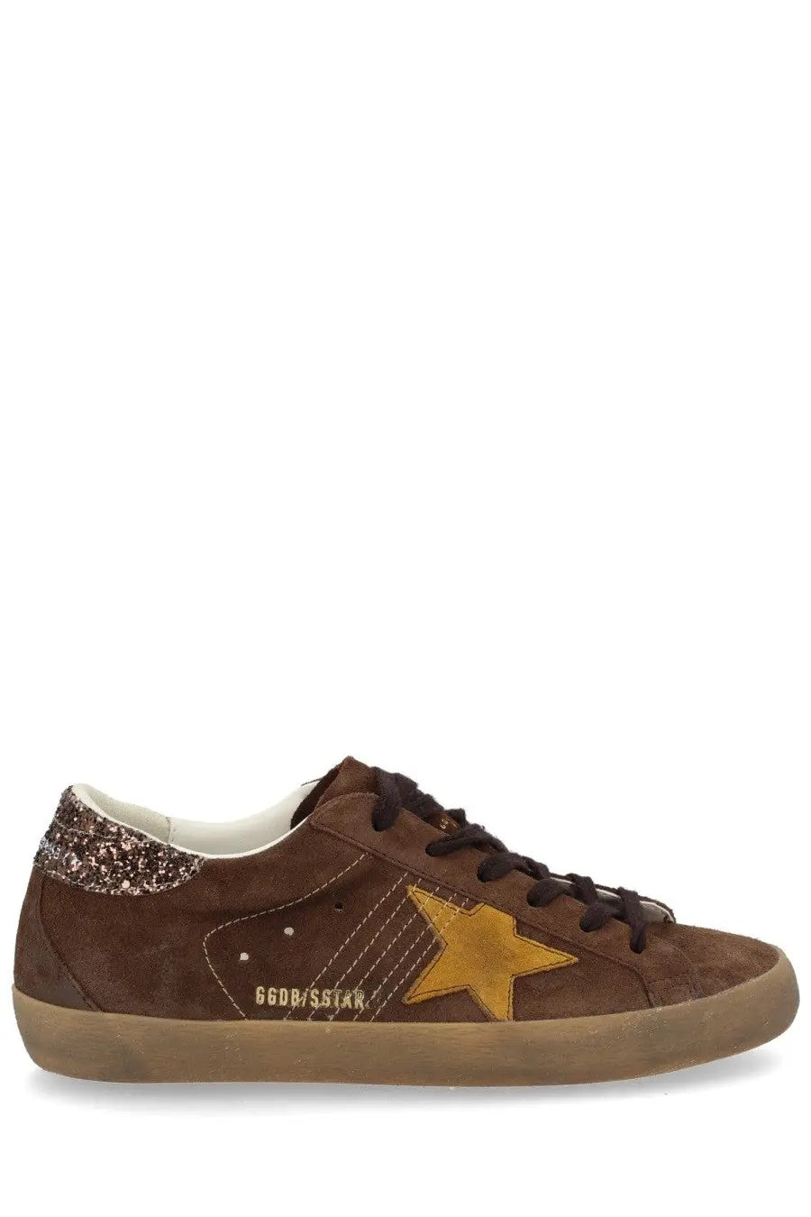 Golden Goose women’s super star sneaker brown suede low-top with gold star logo and glittery brown heel tab