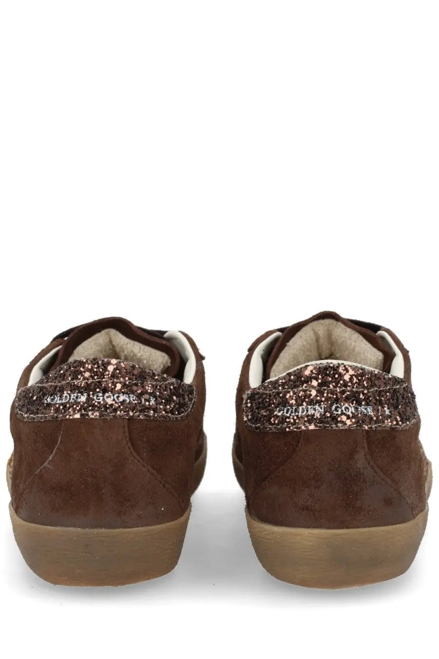 Golden goose women super star sneaker in brown suede with glittery rose gold accents and a tan rubber sole