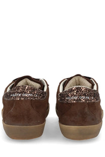 Golden goose women’s super star sneaker brown suede with glittery rose gold accents and tan rubber sole