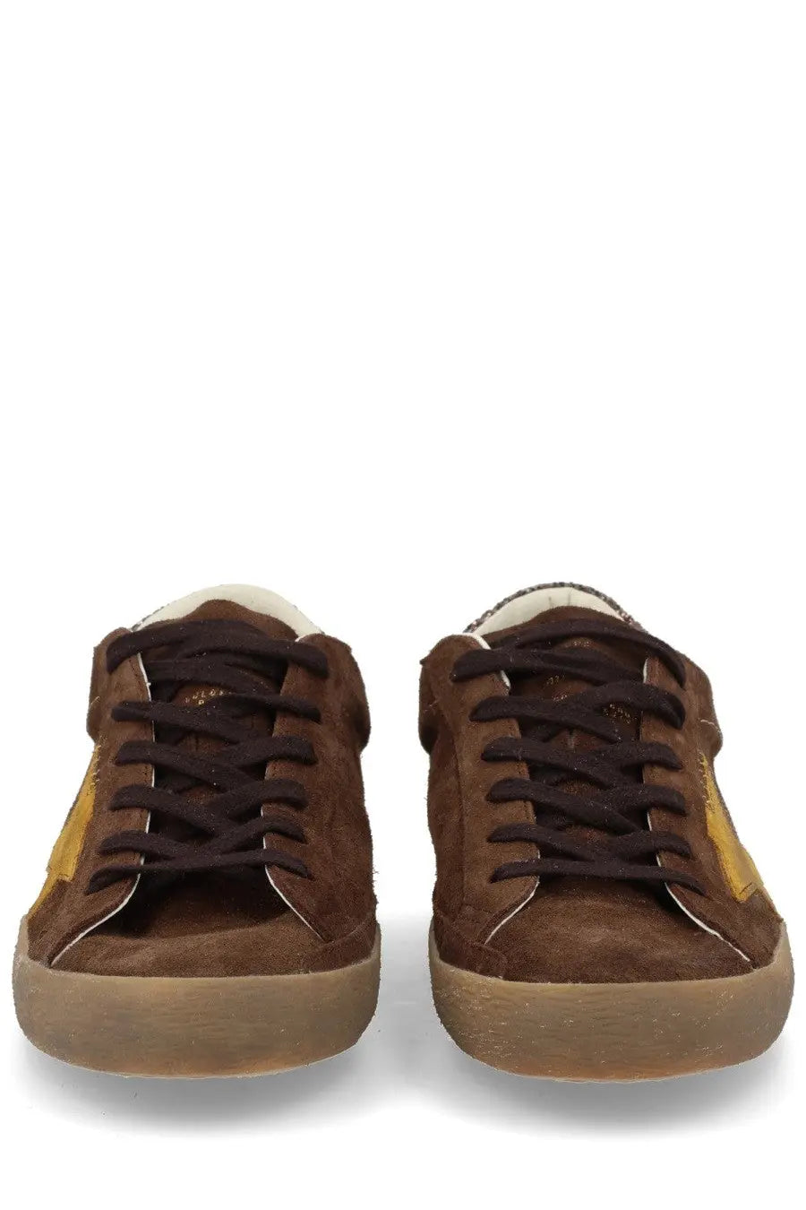 Golden goose women’s super star sneaker in brown suede with gold-tone accents and black laces