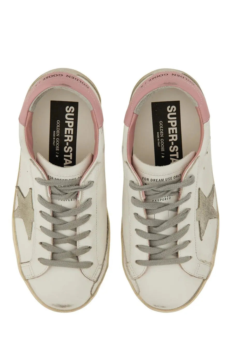 Golden Goose women’s super star sneaker white leather with pink accents and silver star patches