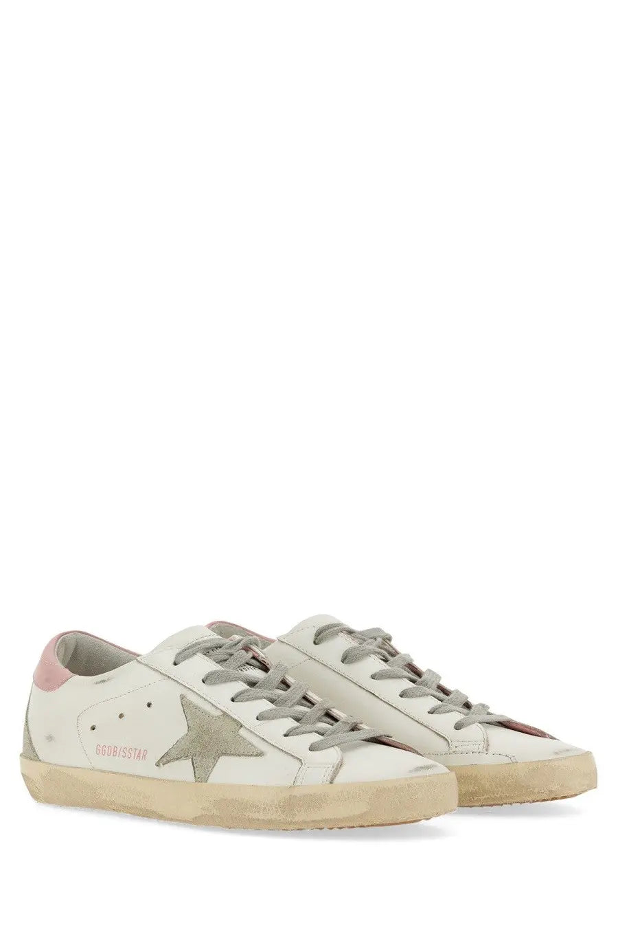 Golden goose women’s super star white leather sneakers with metallic star emblem pink heel and distressed sole