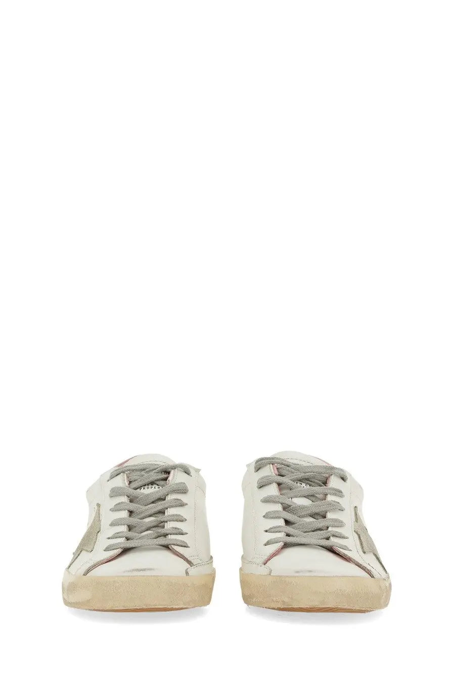 Golden Goose women’s super star sneaker white leather with gray laces and a faded distressed finish