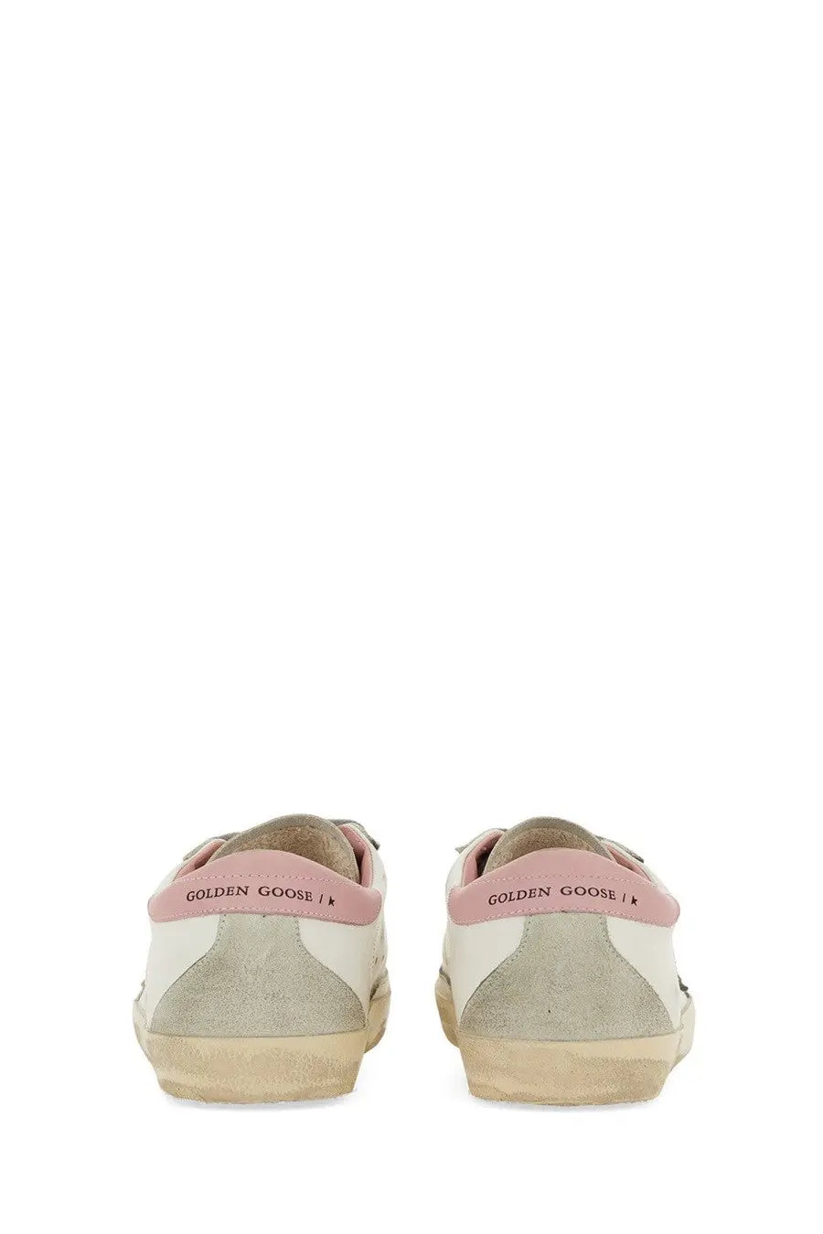 Golden Goose womens super star sneaker white with white and pink suede accents and distressed rubber sole
