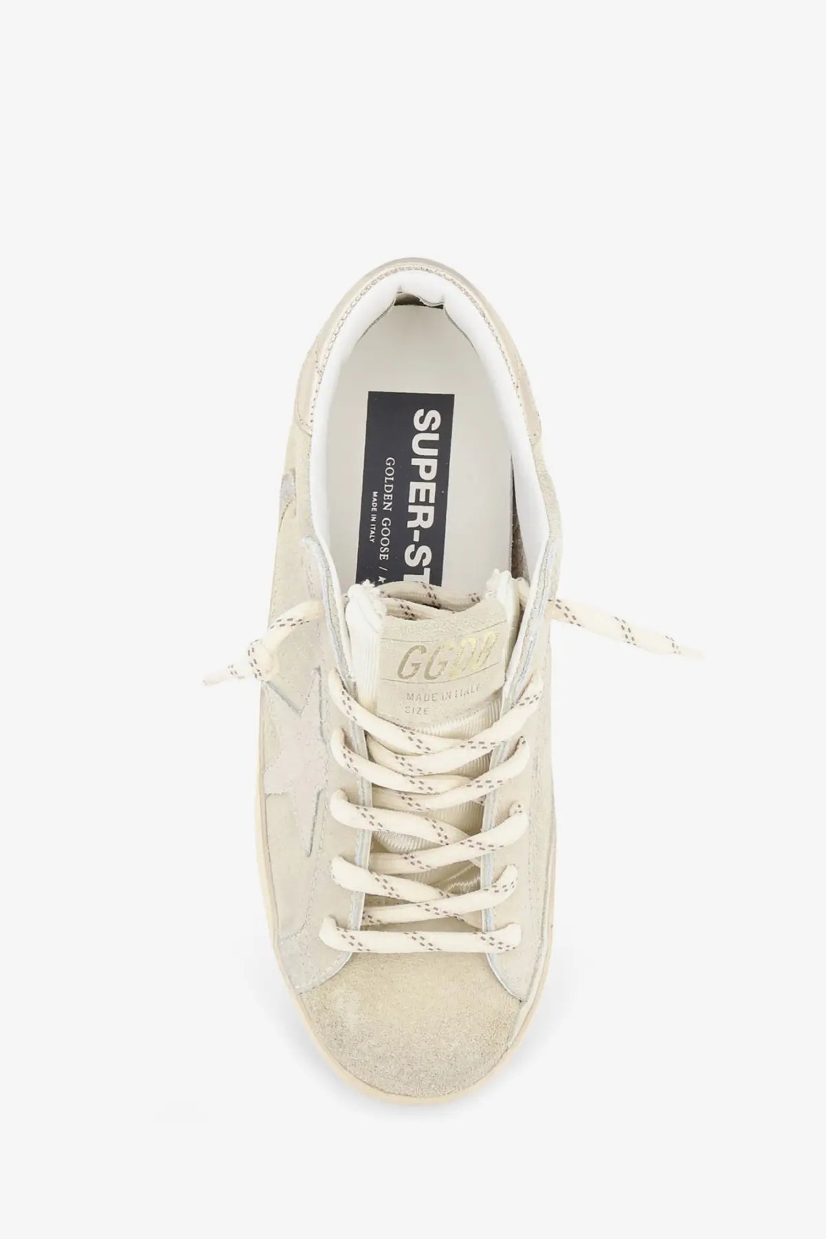 Golden Goose women’s Super Star suede sneaker in beige with white laces and a distressed finish