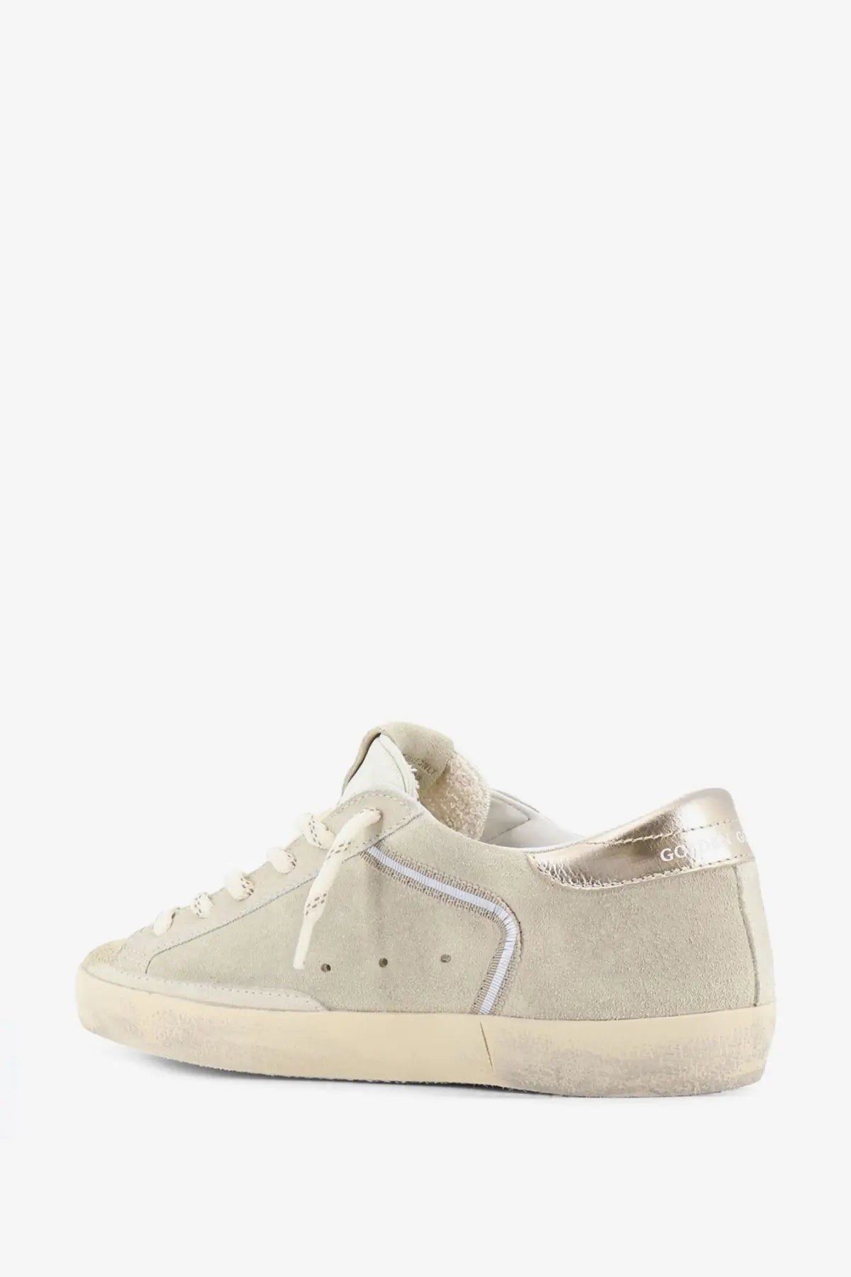 Golden Goose women’s Super Star suede sneakers beige with metallic gold heel tab and white laces low-top design