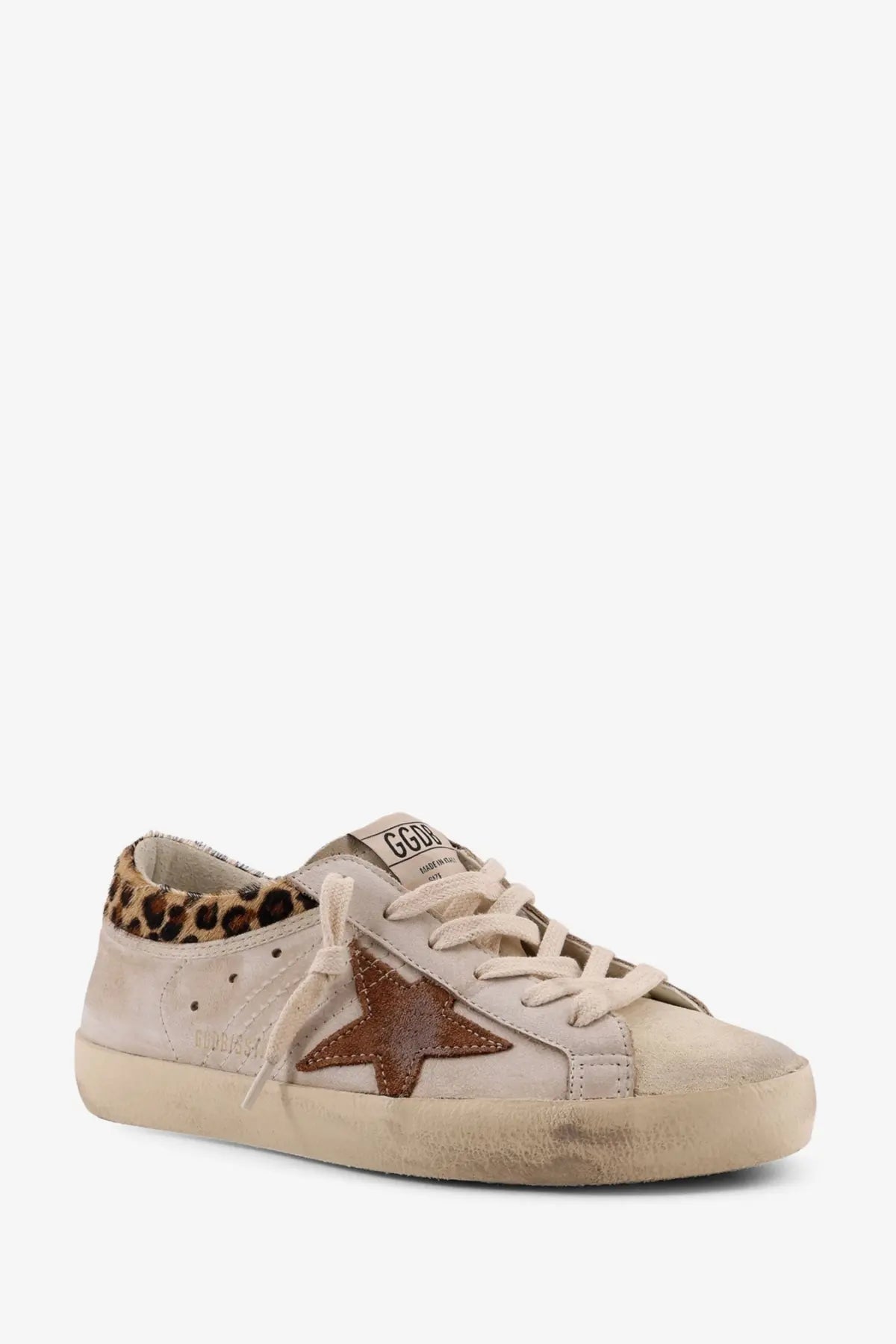 Golden Goose women’s super star low-top sneaker in beige suede with brown star patch leopard print collar and cream laces
