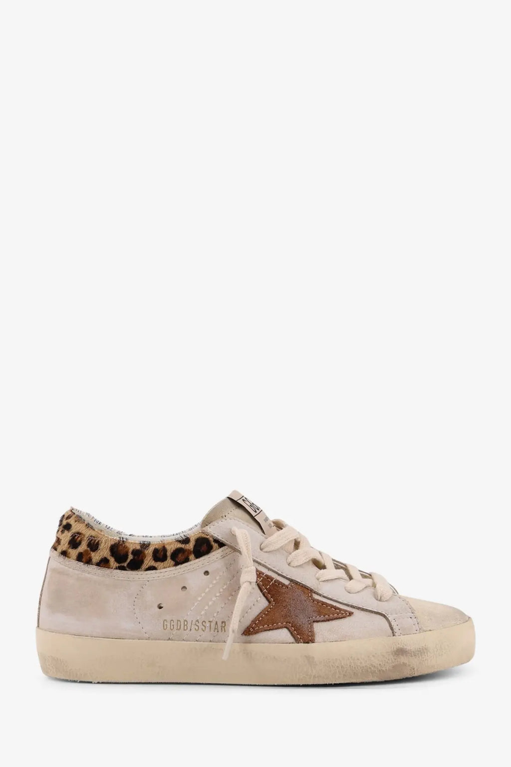 Golden Goose women’s Super Star low-top sneaker in beige suede with brown leather star and leopard-print collar trim