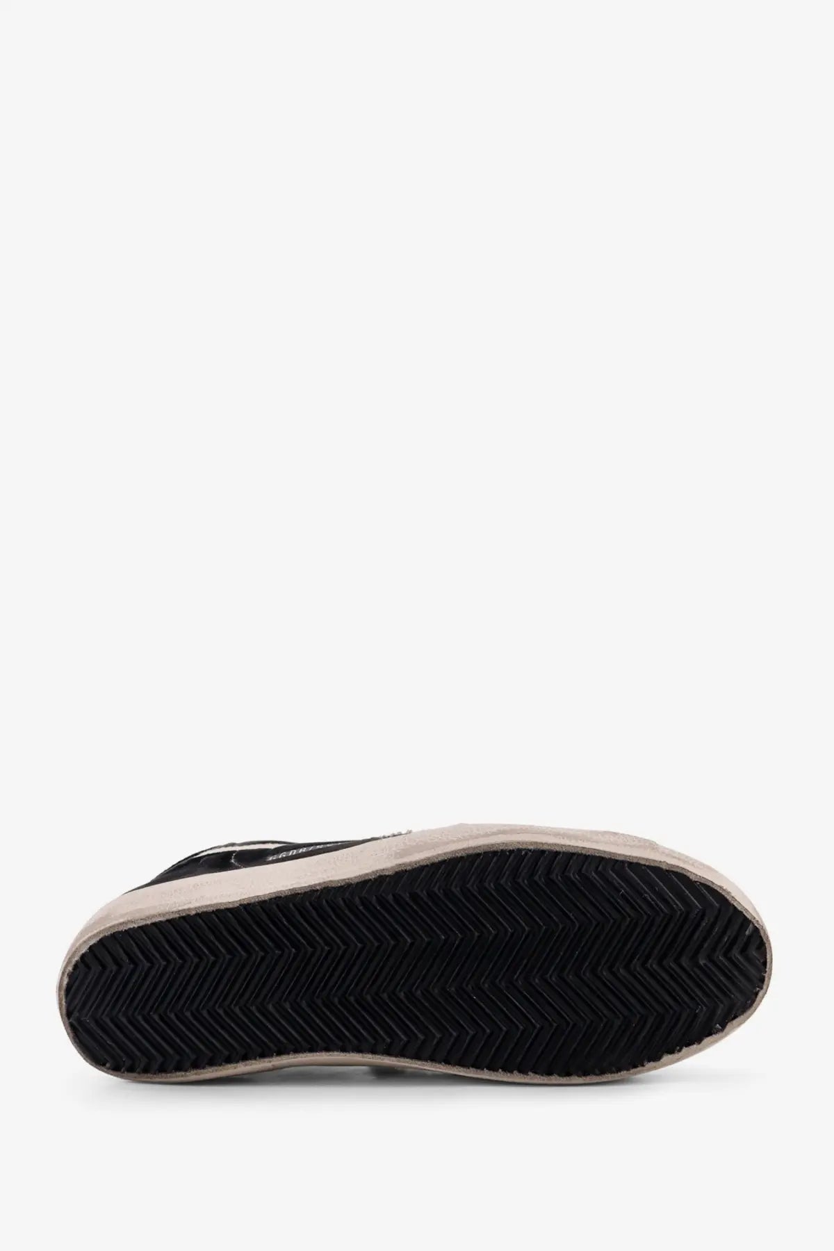 Black high-top golden goose superstar chenille sneaker with textured rubber sole and white edge stitching