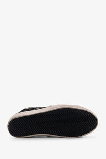 Black high-top golden goose superstar chenille sneaker with textured rubber sole and white edge stitching