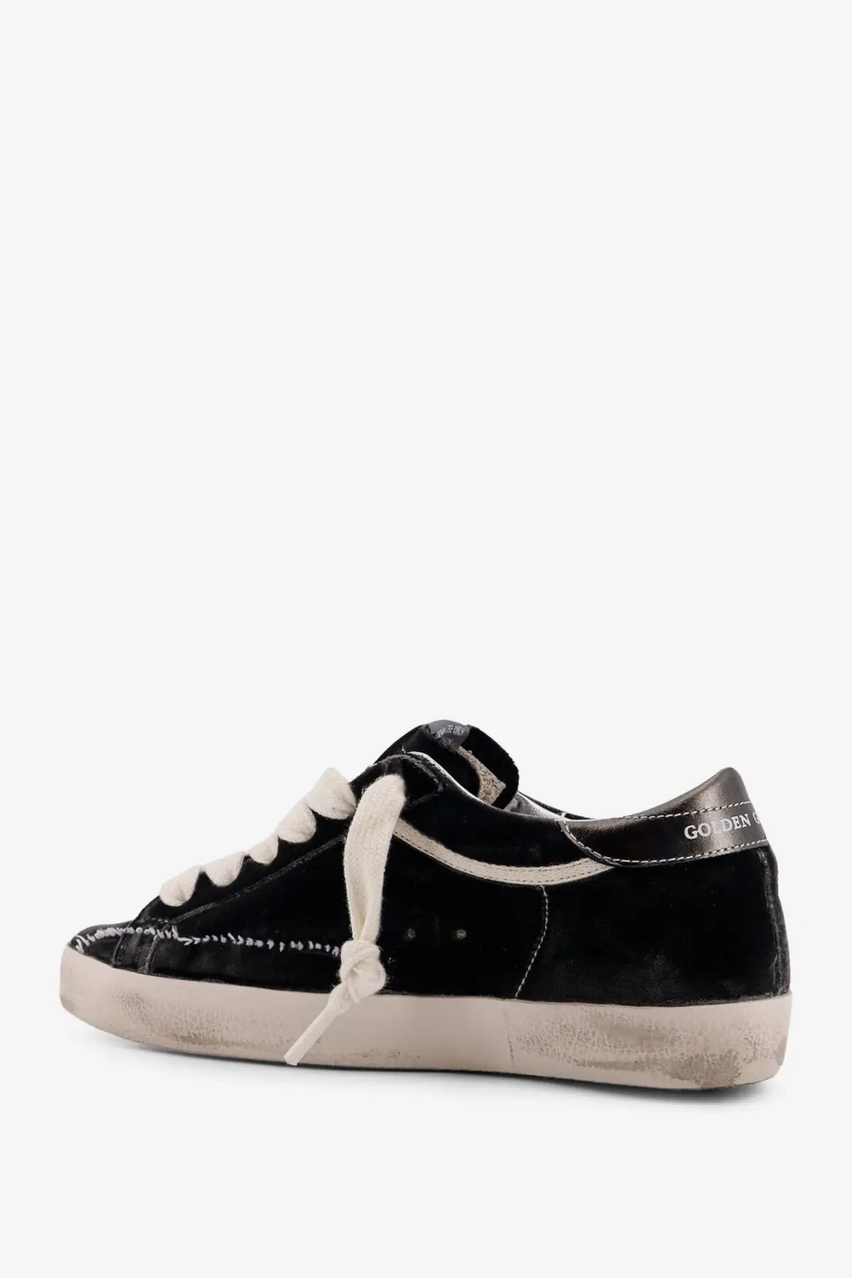 Golden goose women’s superstar chenille sneakers grey low-top black velvet with white laces and distressed sole