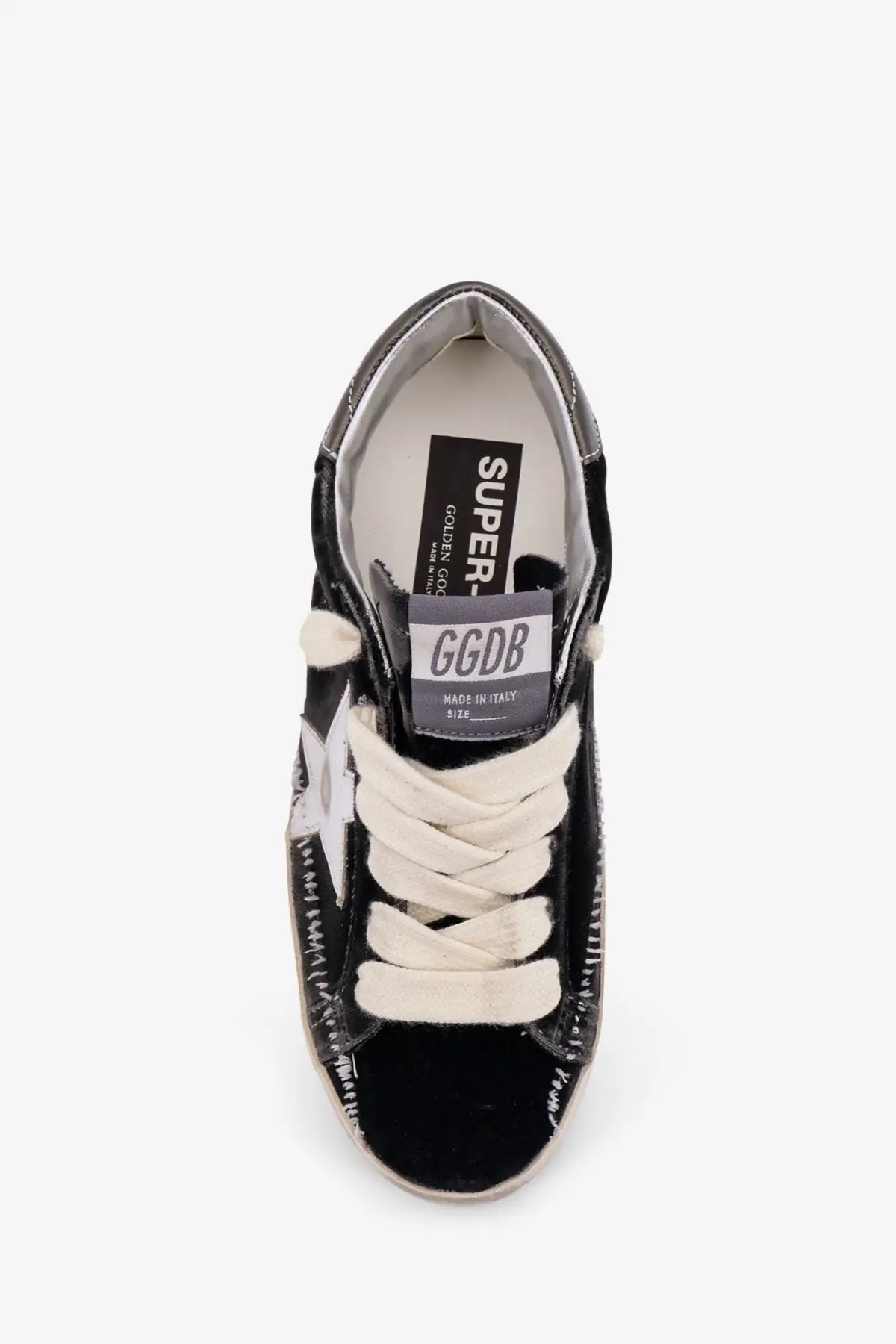 Golden goose women’s superstar chenille sneaker in black velvet with white laces and distressed glossy finish