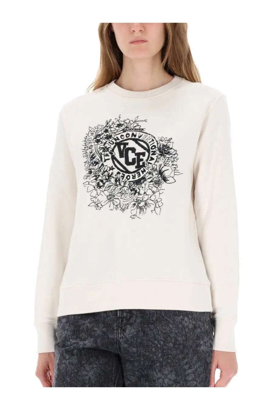 Golden Goose women’s cream-colored long-sleeved sweatshirt with black floral and vice text graphic on front