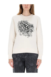 Golden Goose women’s cream-colored long-sleeved sweatshirt with bold black floral and text graphic on chest