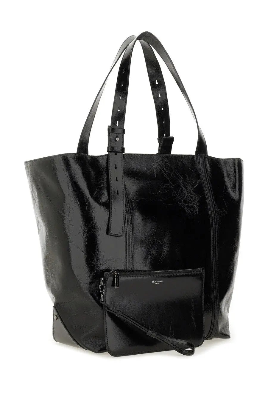 Black patent leather Golden Goose women’s tote bag with adjustable shoulder strap and front zippered pocket