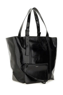 Black patent leather Golden Goose women’s tote bag with adjustable shoulder strap and front zippered pocket