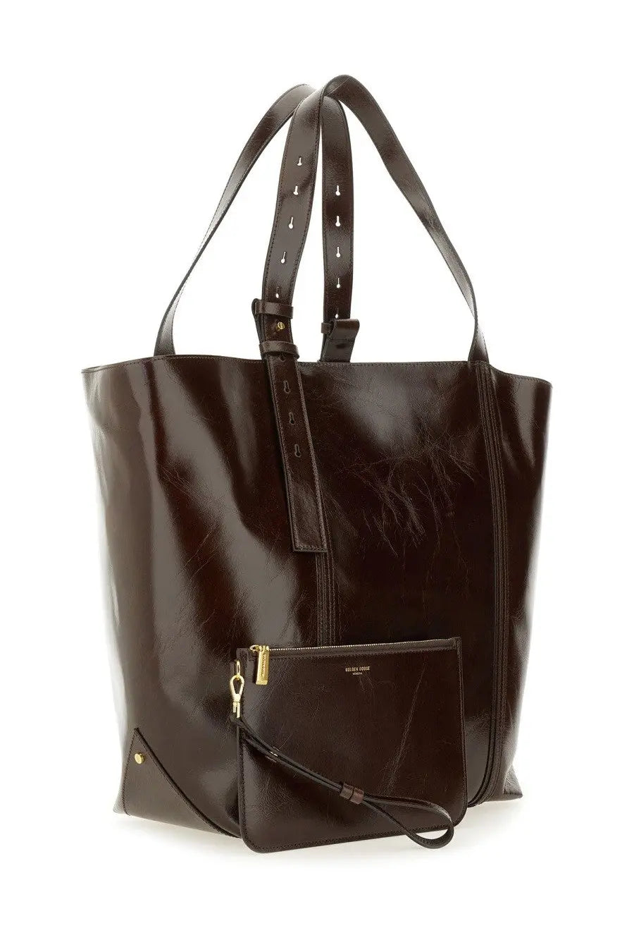Golden Goose women’s tote bag brown glossy dark brown leather with adjustable straps and matching small clutch