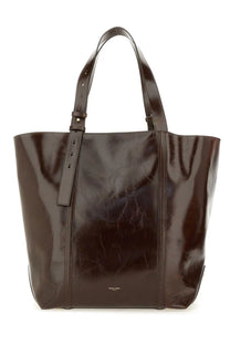 Golden Goose women’s tote bag brown sleek glossy dark brown leather with structured handles and minimalist design