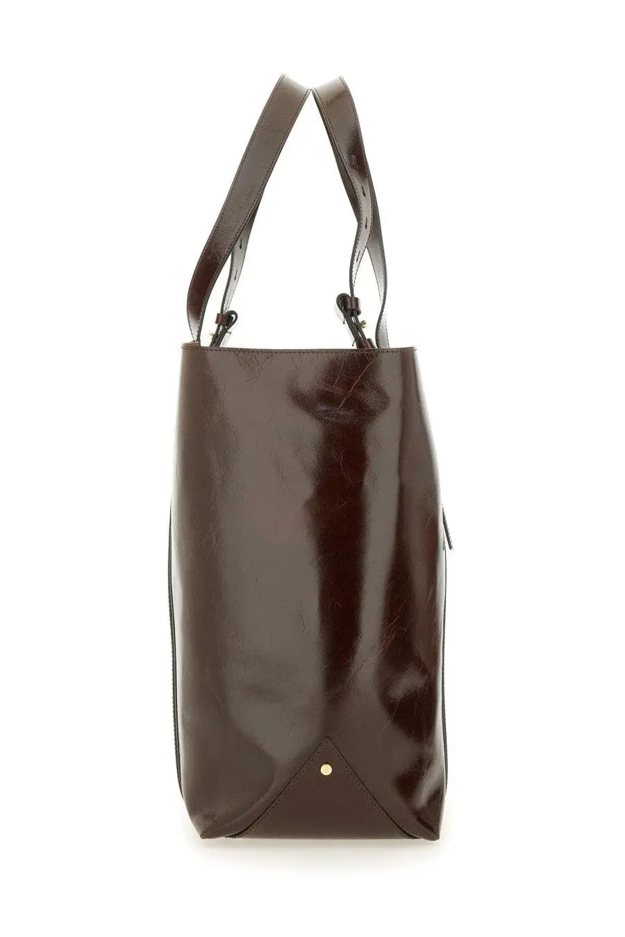 Golden Goose women’s tote bag in brown glossy leather with structured handles and gold-tone accent at the base