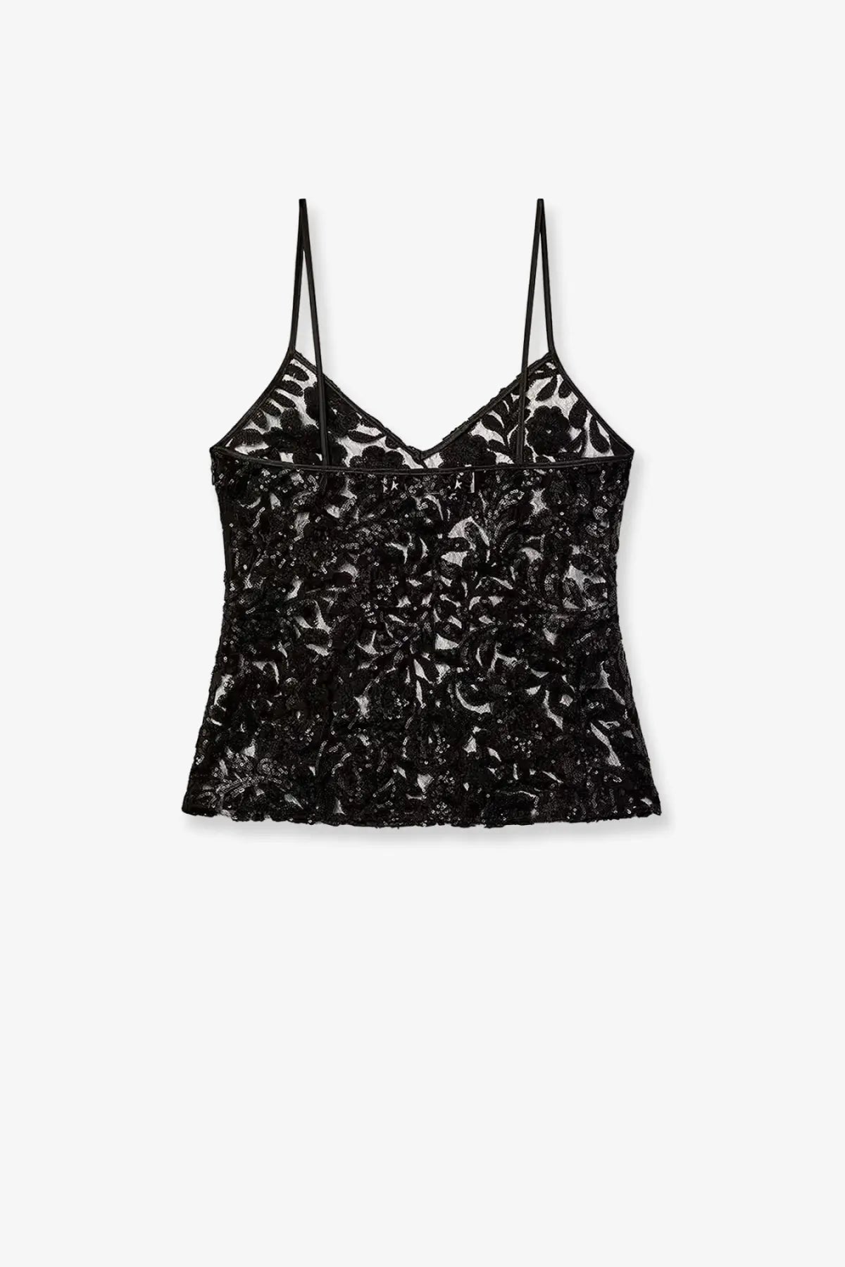 Black floral lace camisole with thin spaghetti straps from golden goose women’s tulle top black collection