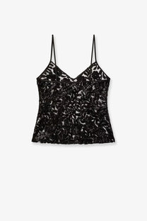 Black floral lace camisole with thin spaghetti straps from golden goose women’s tulle top black collection