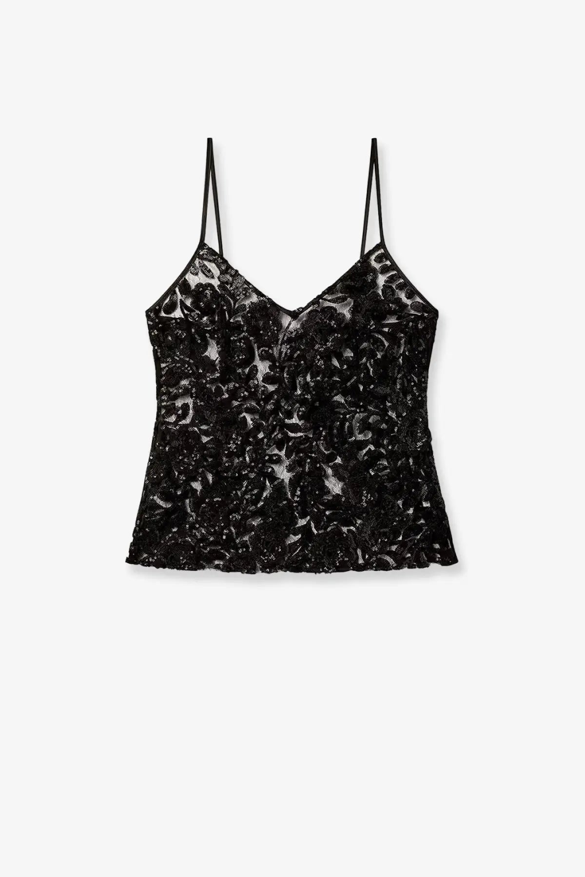 Golden goose women’s tulle top black black lace camisole with delicate floral patterns and thin spaghetti straps
