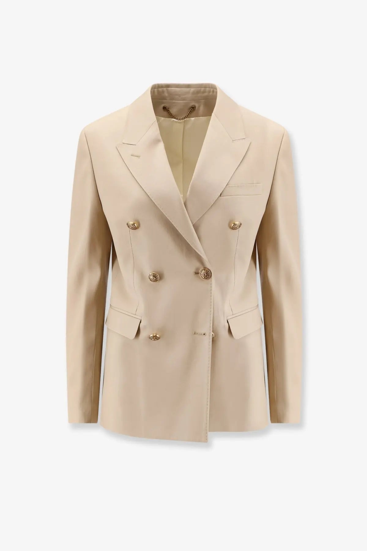 Beige virgin wool double-breasted blazer with gold-toned buttons and tailored fit by golden goose women