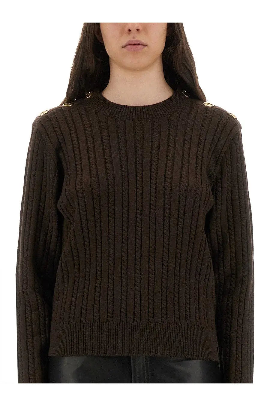 Golden goose womens brown wool sweater with dark brown ribbed knit and gold toned button details on shoulders
