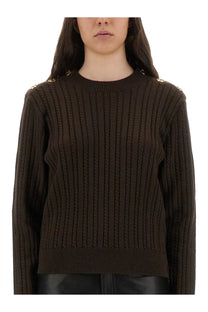 Golden goose womens brown wool sweater with dark brown ribbed knit and gold toned button details on shoulders