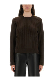 Golden goose women’s wool sweater brown dark brown ribbed knit with gold-tone buttons on the shoulders