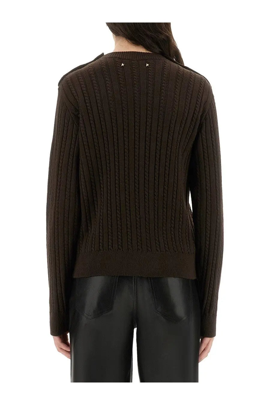 Golden Goose women’s brown wool sweater with ribbed knit texture and subtle star embellishments at the neckline
