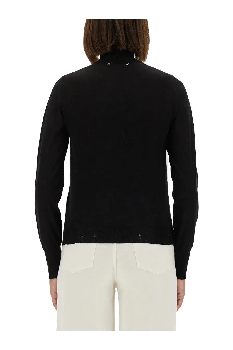 Golden Goose women’s black wool turtleneck sweater with worn effect and metallic star embellishments at neckline