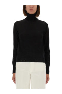 Golden goose women’s black wool turtleneck sweater with long sleeves and subtle button detailing at the hem