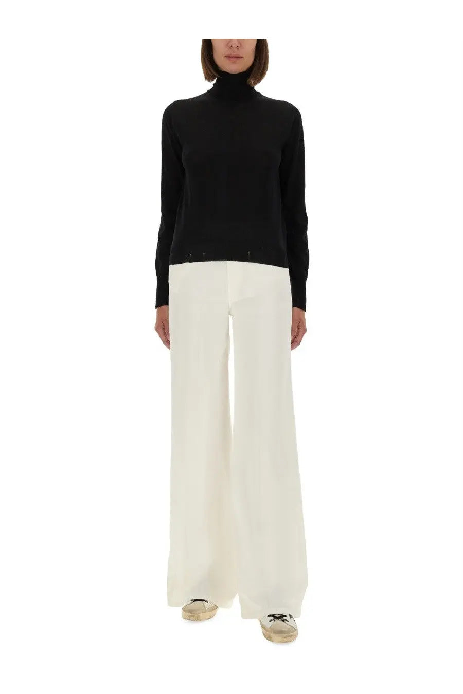 Golden Goose women’s black wool sweater with worn effect and subtle ribbed detailing at cuffs and hem