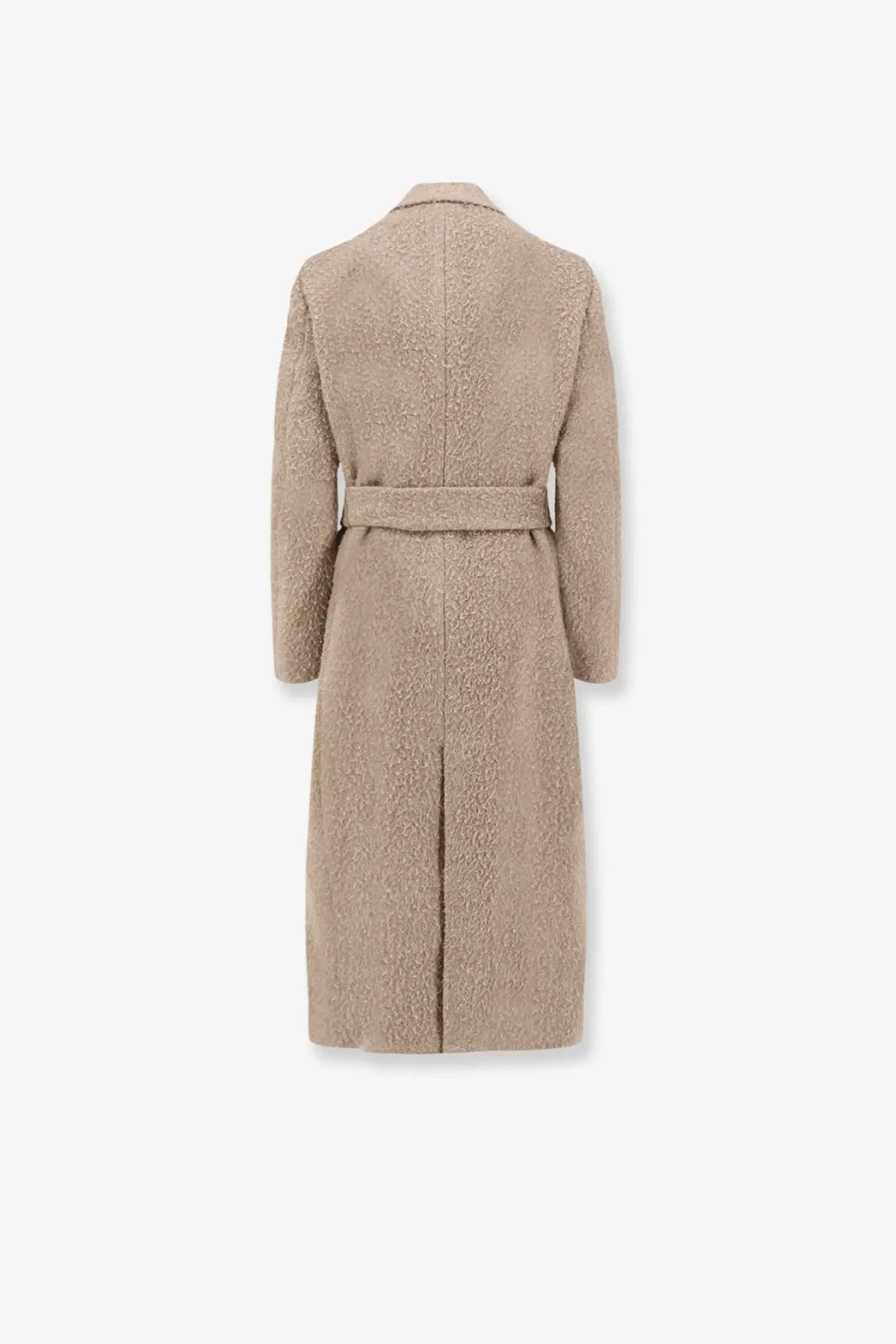 Beige textured wool coat with matching belt in golden goose women’s wrinkled virgin wool blend grey design