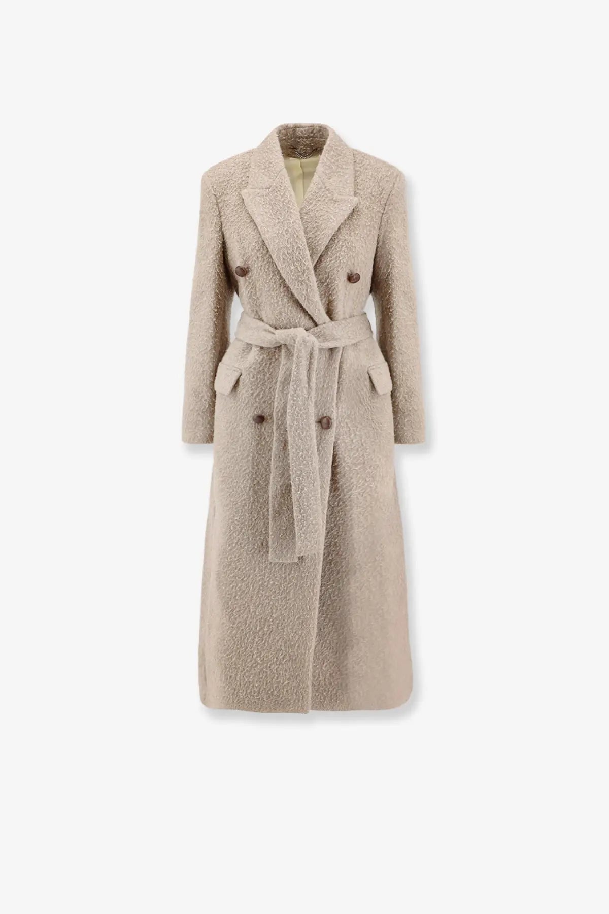 Beige double-breasted coat with a textured, plush fabric and matching belt.