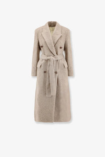 Beige double-breasted coat with a textured, plush fabric and matching belt.