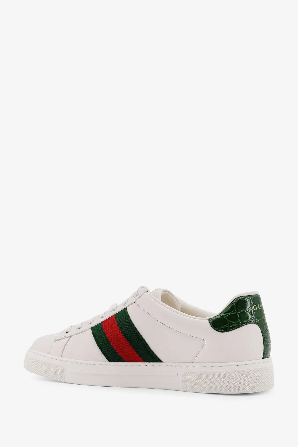 Gucci men’s ace low top leather sneakers in white with red and green stripe and dark green crocodile heel detail