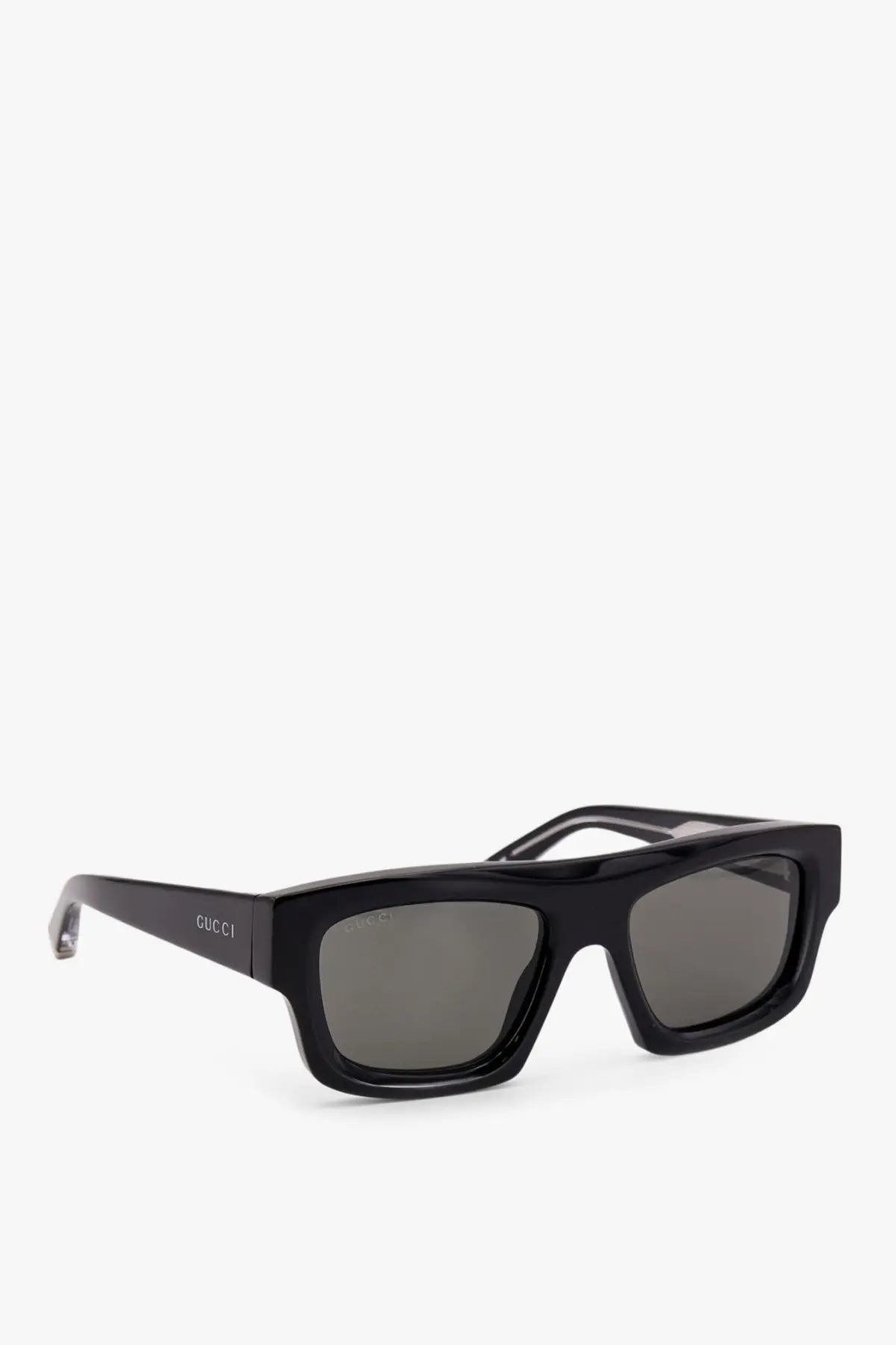 Gucci men’s black acetate rectangular sunglasses with dark gray lenses and a glossy finish