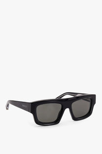 Gucci men’s black acetate rectangular sunglasses with dark gray lenses and a glossy finish