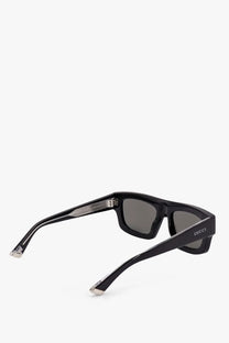 Black gucci men’s acetate rectangular sunglasses with dark gray lenses and silver-toned metal accents on temples