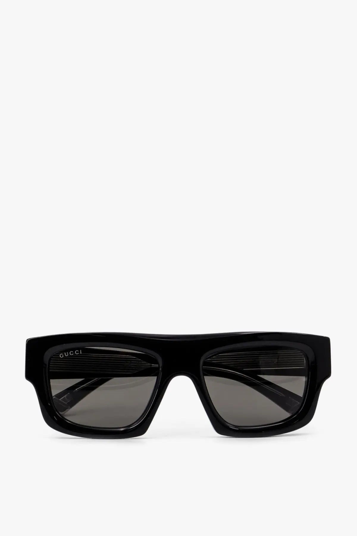 Black gucci men’s acetate sunglasses with sleek rectangular frame and dark gray gradient lenses