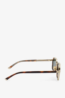 Gucci men’s acetate sunglasses with square-frame, brown tortoiseshell temples, and gold-tone metal accents