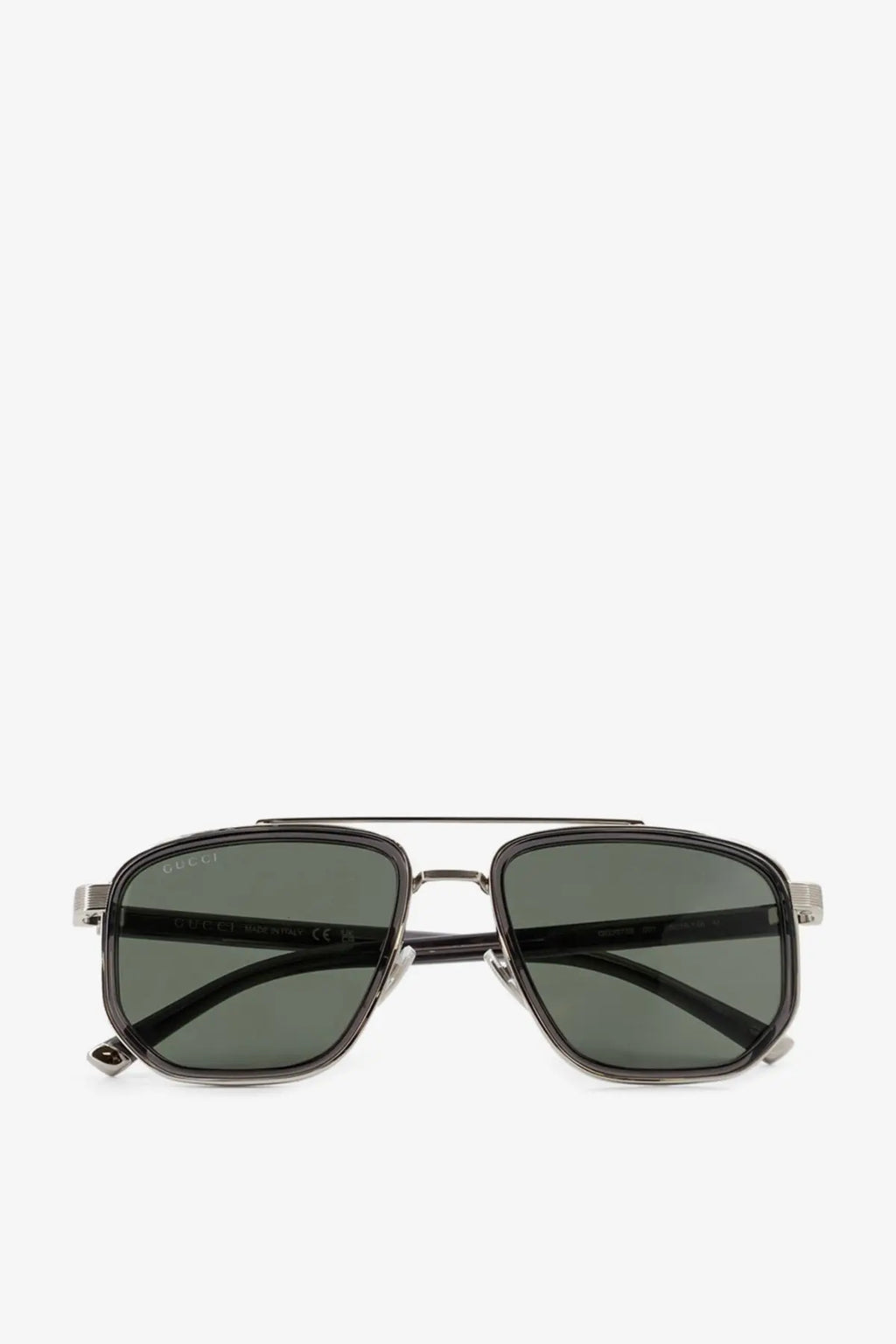 Gucci men’s acetate sunglasses grey with black-framed aviator design dark gray lenses and metallic bridge