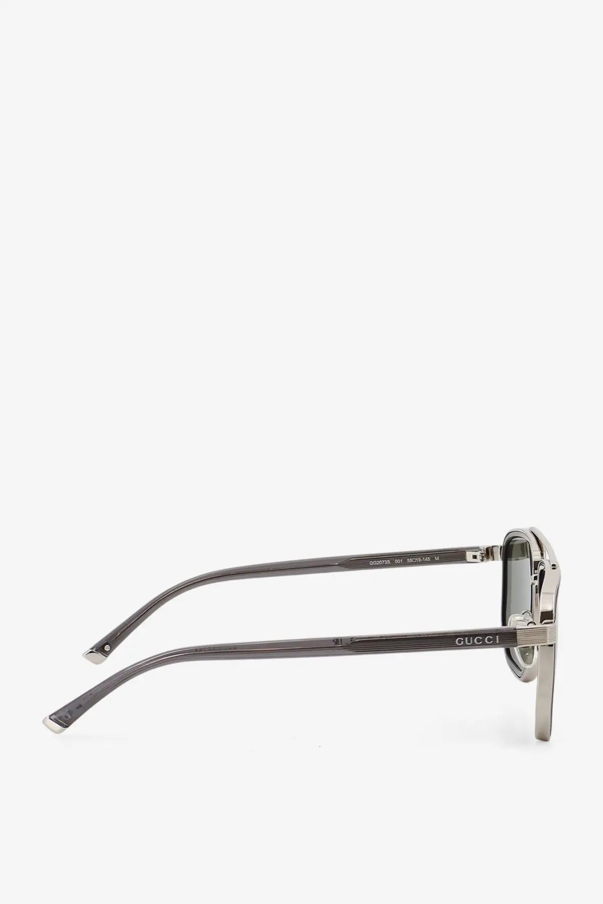 Gucci men’s acetate sunglasses in metallic gray with square frames and subtle temple branding for stylish wear